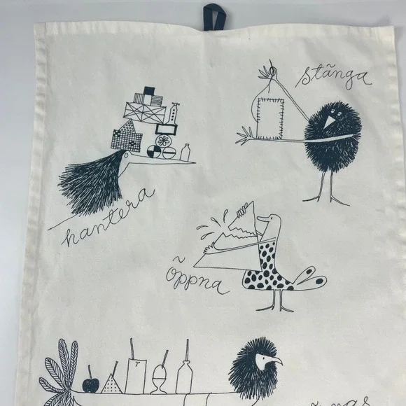 IKEA Tea Towel Quirky Illustration Bird Creatures Print White Black Oppna Stanga - Picture 2 of 12